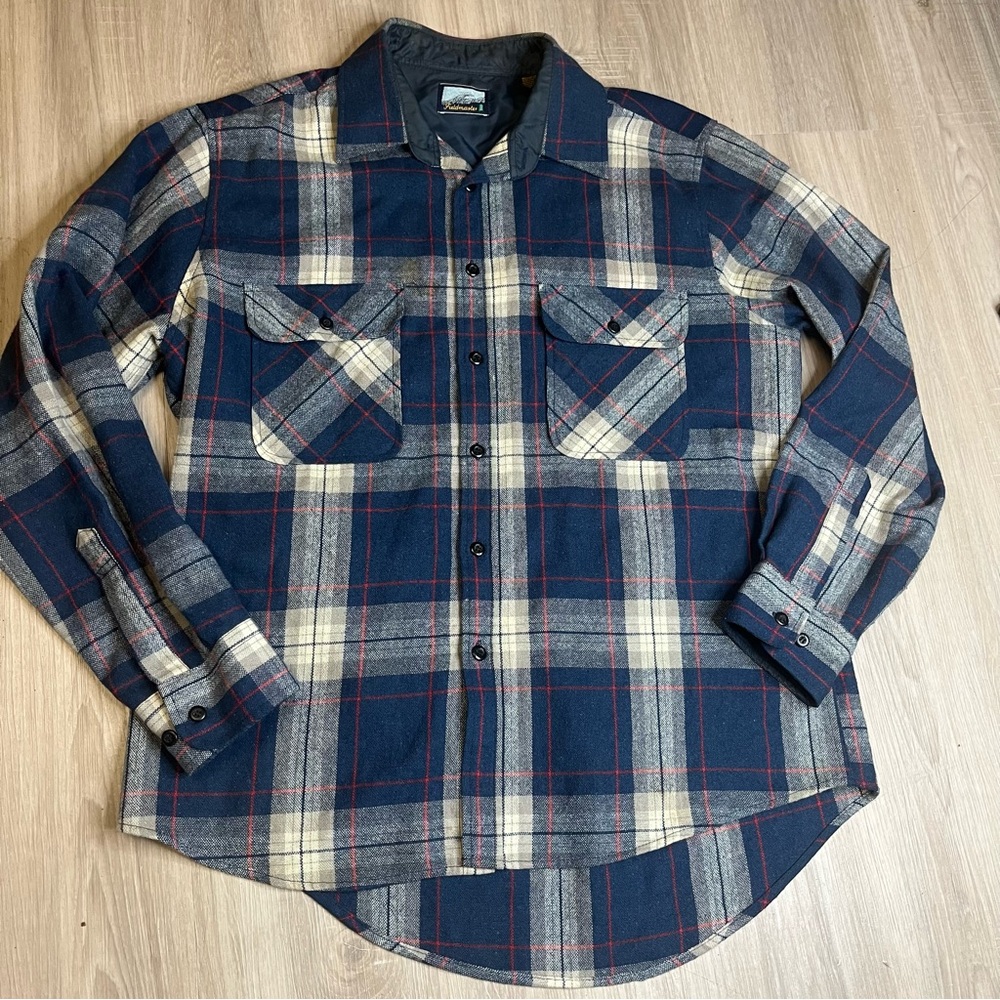 Men's‎ Fieldmaster Navy Checkered Plaid Wool Blend Flannel Shirt Sz Large